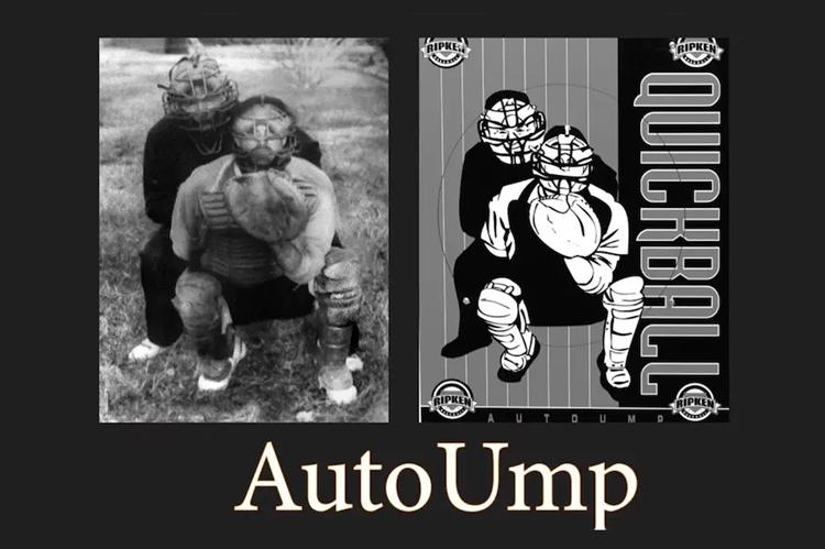 The auto ump features Chris Mackie (catching) and his late father, Russell Mackie (umpire).